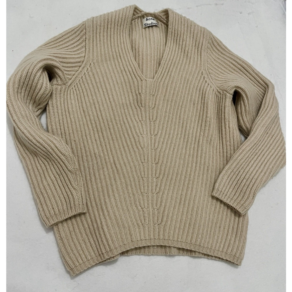 Acne Studios 100% Wool Ribbed V Neck Oversized Beige Sweater knit000142 $420